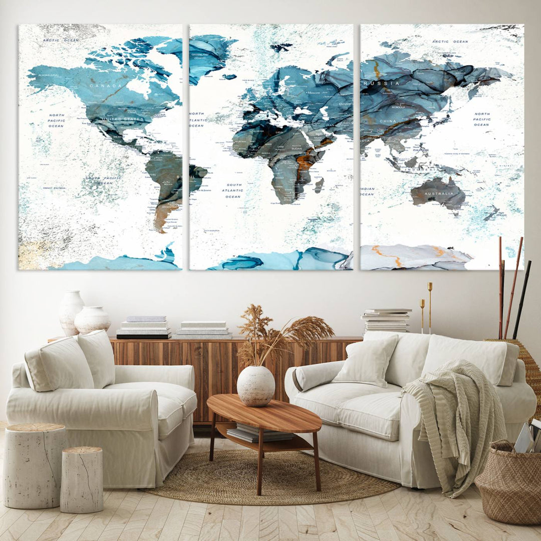 Push Pin World Map Wall Art Canvas Print adds a touch of elegance to the home decor.