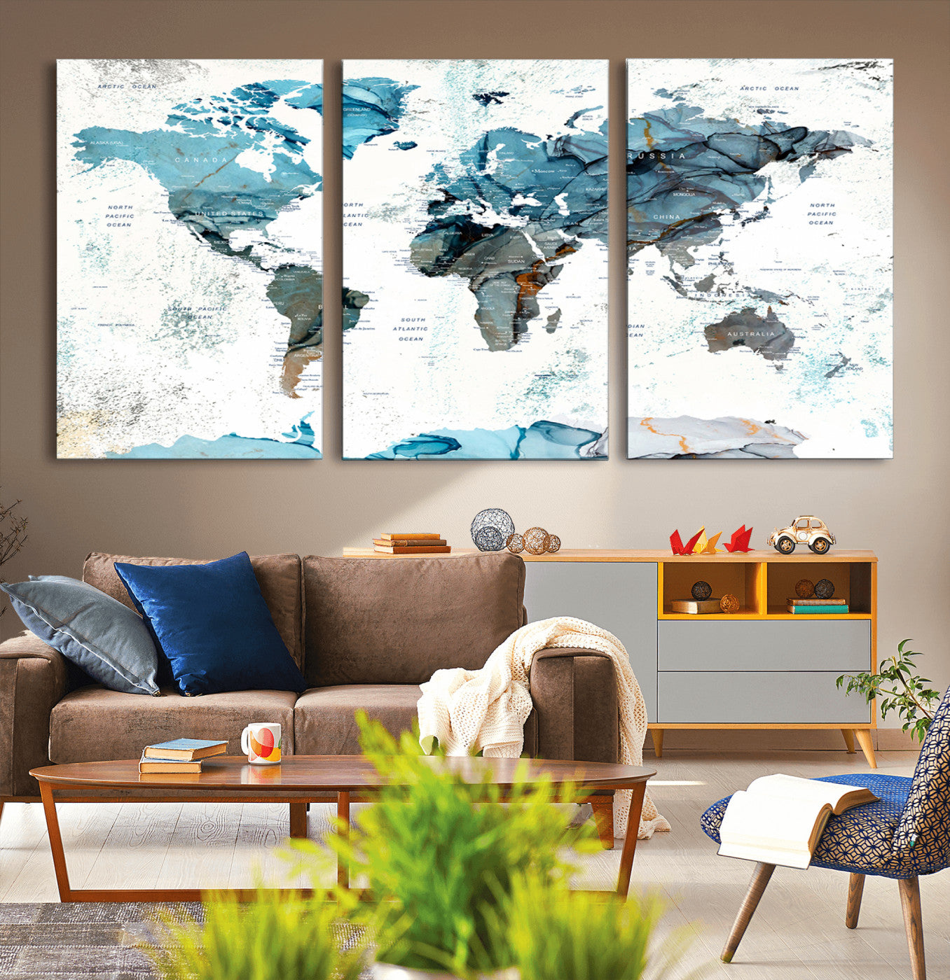 MGV-CV-60X30-3P - Push Pin World Map Canvas Print – Framed Wall Art for Couples to Track Their Travels – Anniversary