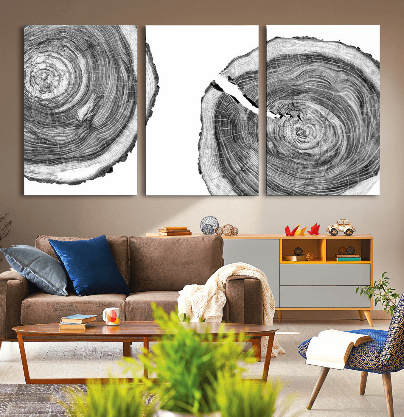 MGV-CV-60X30-3P - Modern Black and White Tree Rings Canvas Wall Art – Nature Inspired Wood Slice Print – Minimalist