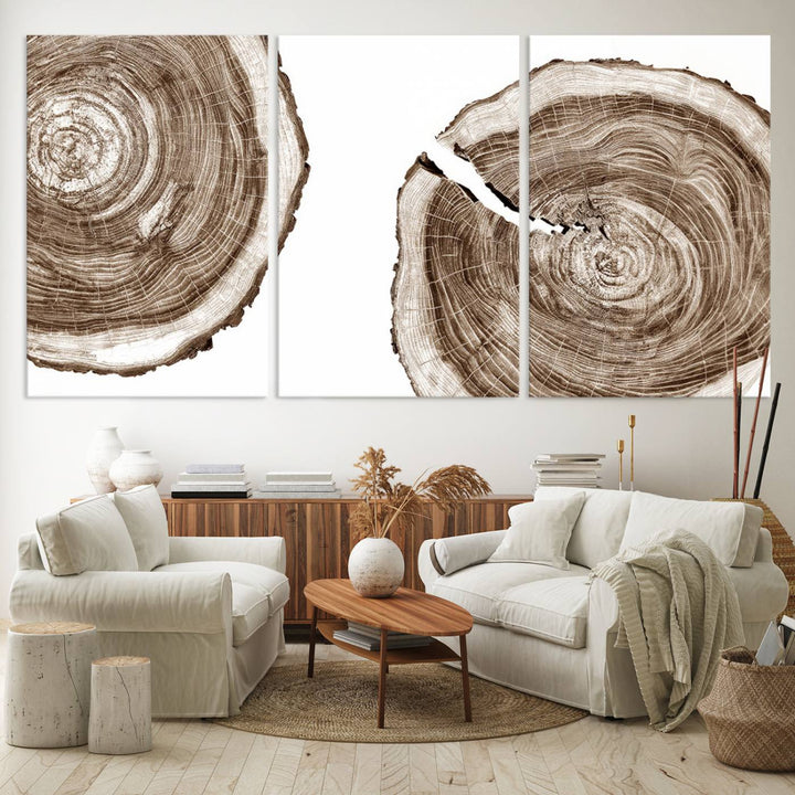 Wood Tree Ring Wall Art on a minimalist black and white canvas.