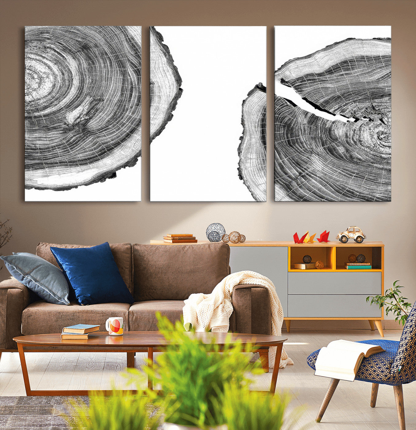 MGV-CV-60X30-3P - Abstract Large Tree Rings – Minimalist Black and White Wood Art | Triptych Canvas, Modern Wall Decor