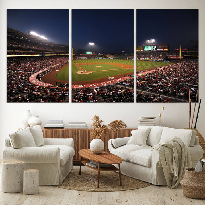 Aerial view of an LA Angels game at night, captured as stunning wall art on premium canvas, handmade in the USA.