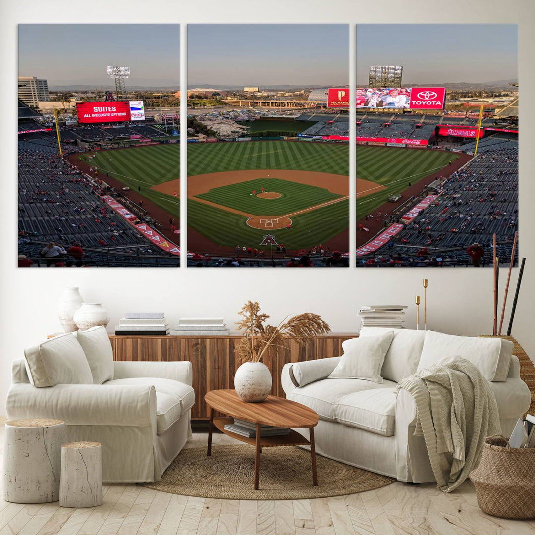 Aerial view of Angel Stadium, perfect as gallery-quality wall art - Los Angeles Angels Canvas Print.