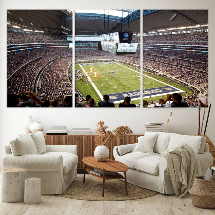 The wall art is a Dallas Cowboys AT&T Stadium Canvas Print, showcasing the iconic logo.