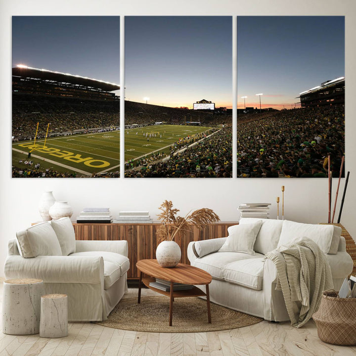 Canvas artwork depicting an Oregon Ducks football game at Autzen Stadium, capturing a sunset and packed stands.