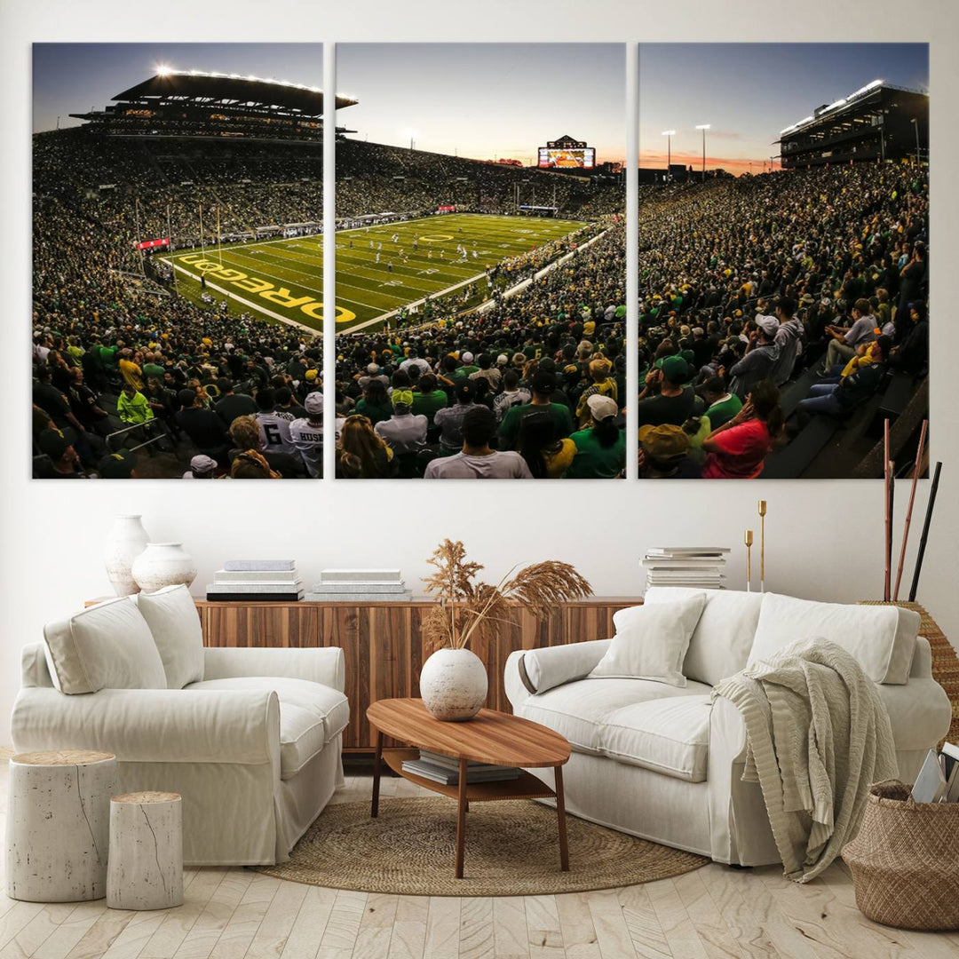 Autzen Stadium Evening Game Triple Canvas Wall Art - Oregon Ducks Football Match