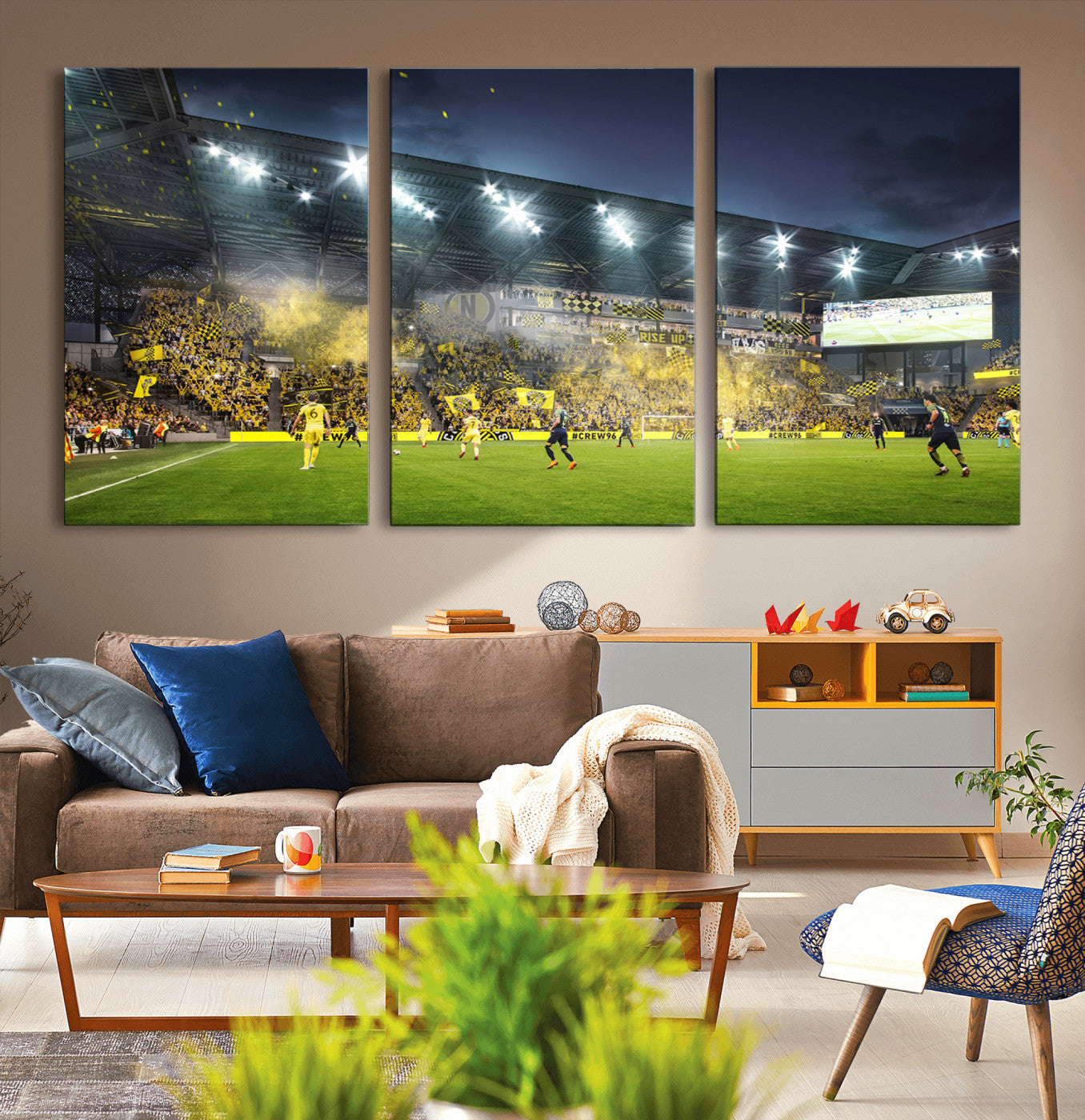 MGV-CV-60X30-3P - Columbus Crew Stadium Match Triple Canvas Wall Art - Dynamic MLS Game Scene Canvas Wall Art