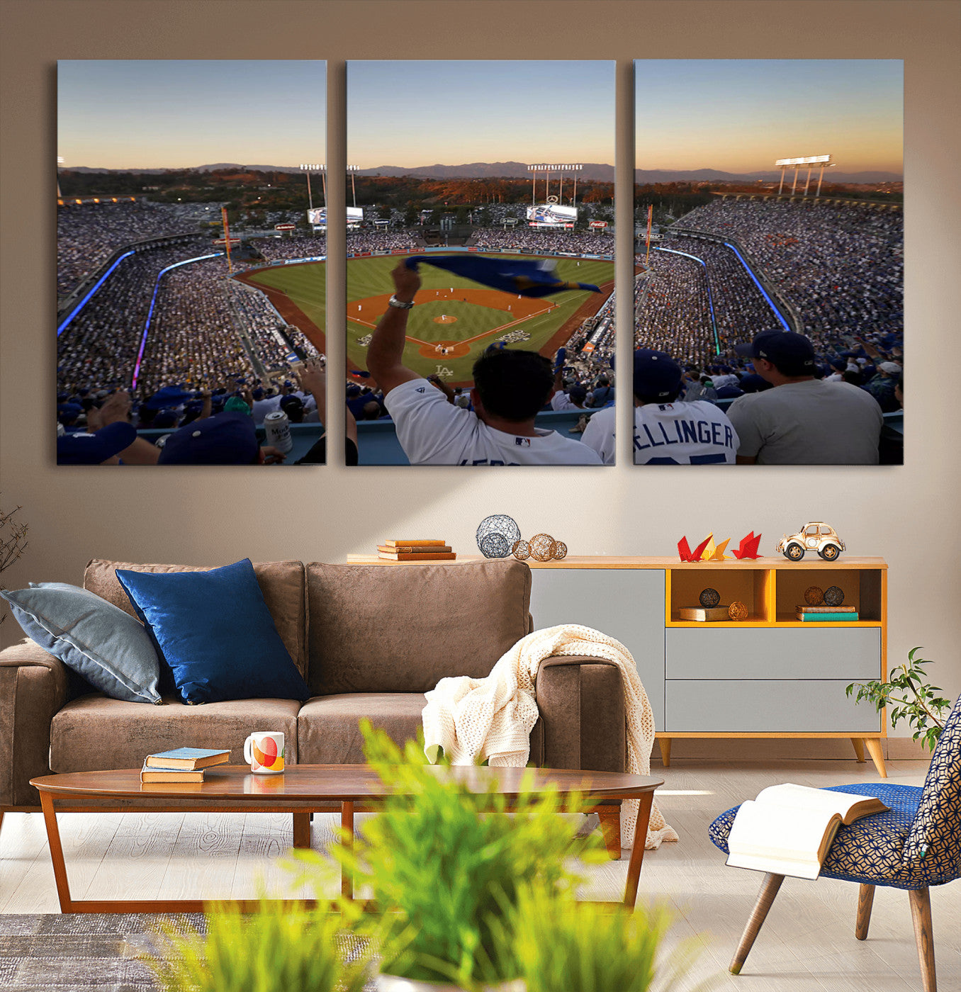 60162-MGV-CV-36X24-Dodger Stadium Sunset Game Triple Canvas Wall Art - Los Angeles Dodgers MLB Match