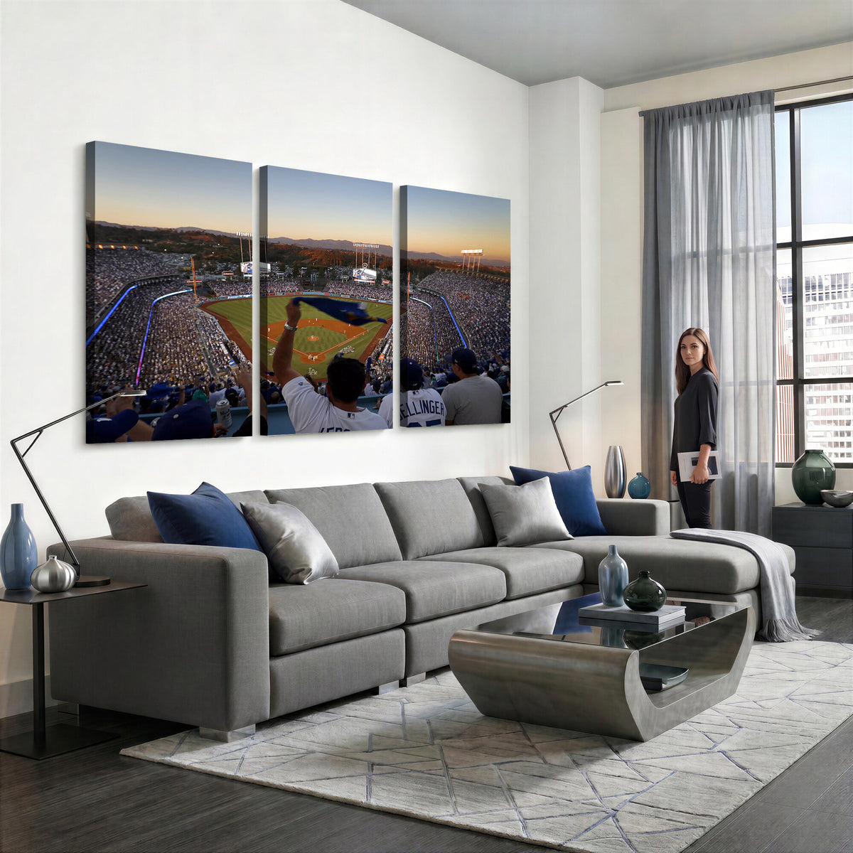 60162-MGV-CV-36X24 - Dodger Stadium Sunset Game Triple Canvas Wall Art, Los Angeles Dodgers MLB Match
