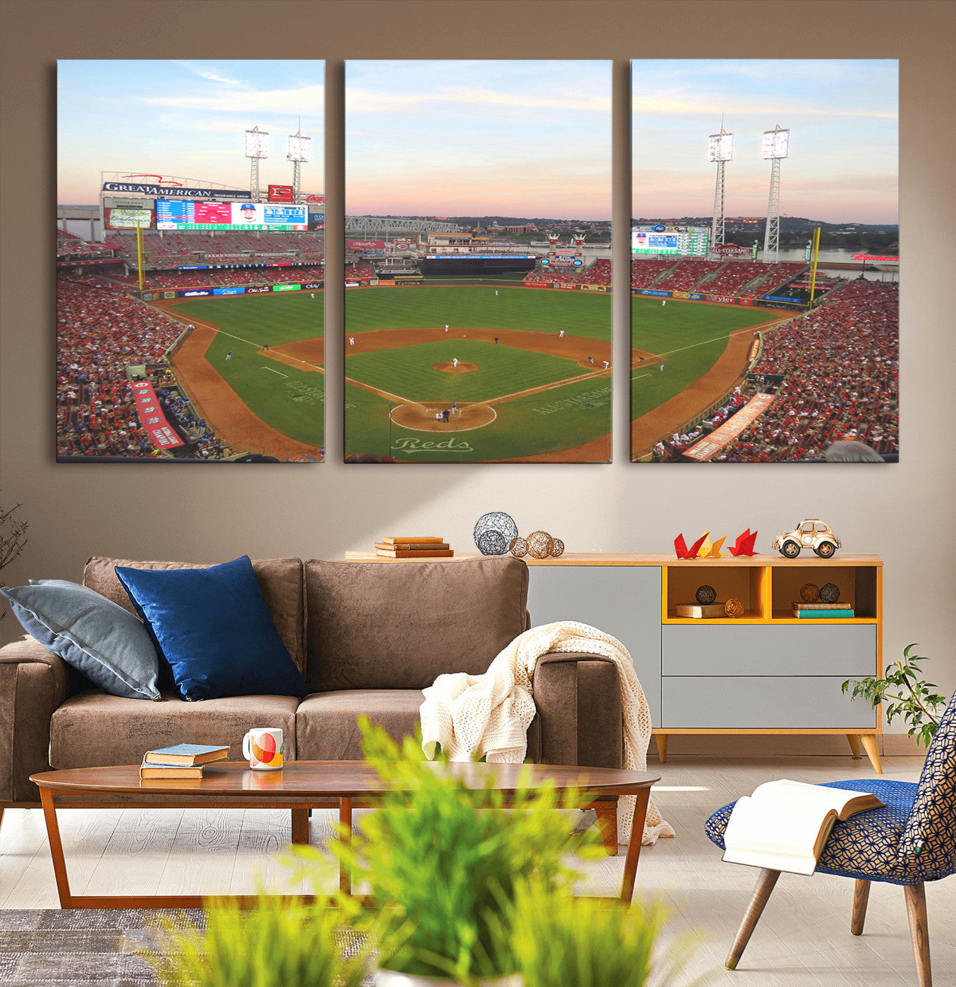 20257-MGV-CV-60X30-3P-Cincinnati Reds Baseball Print Canvas- Cincinnati Great American Ball Park Stadium Wall Art Canvas