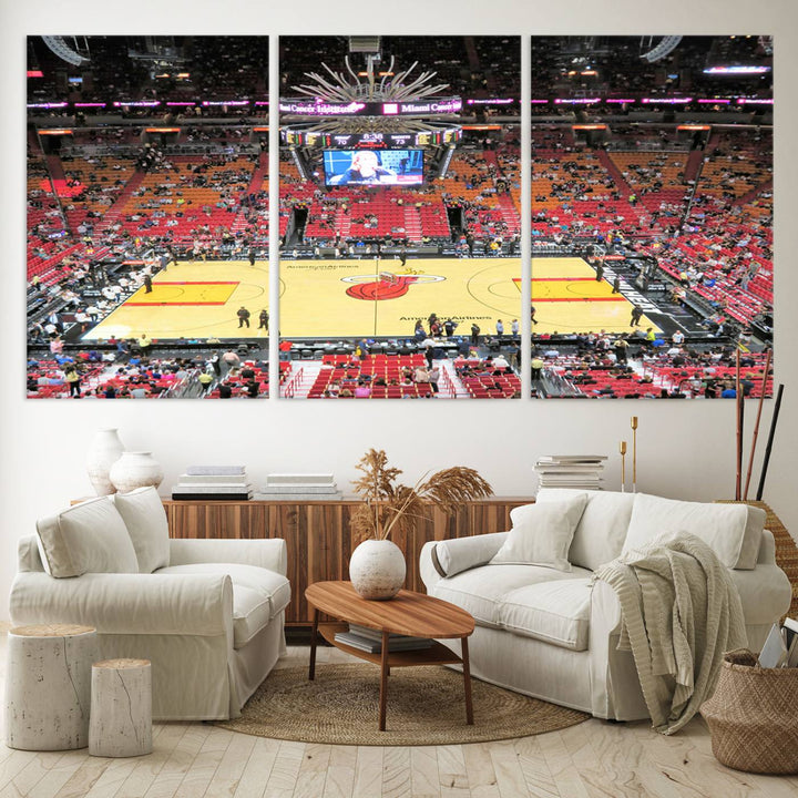 A Miami Heat Basketball Print showcases Kaseya Center Stadium Wall Art with a grand scoreboard.