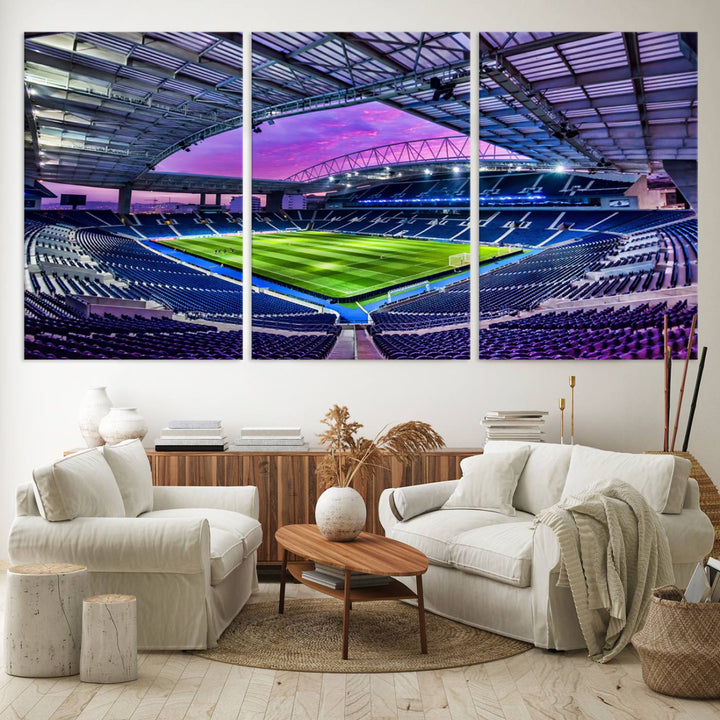 The FC Porto Soccer Team Dragon Stadium Wall Art Canvas Print decorates the room.