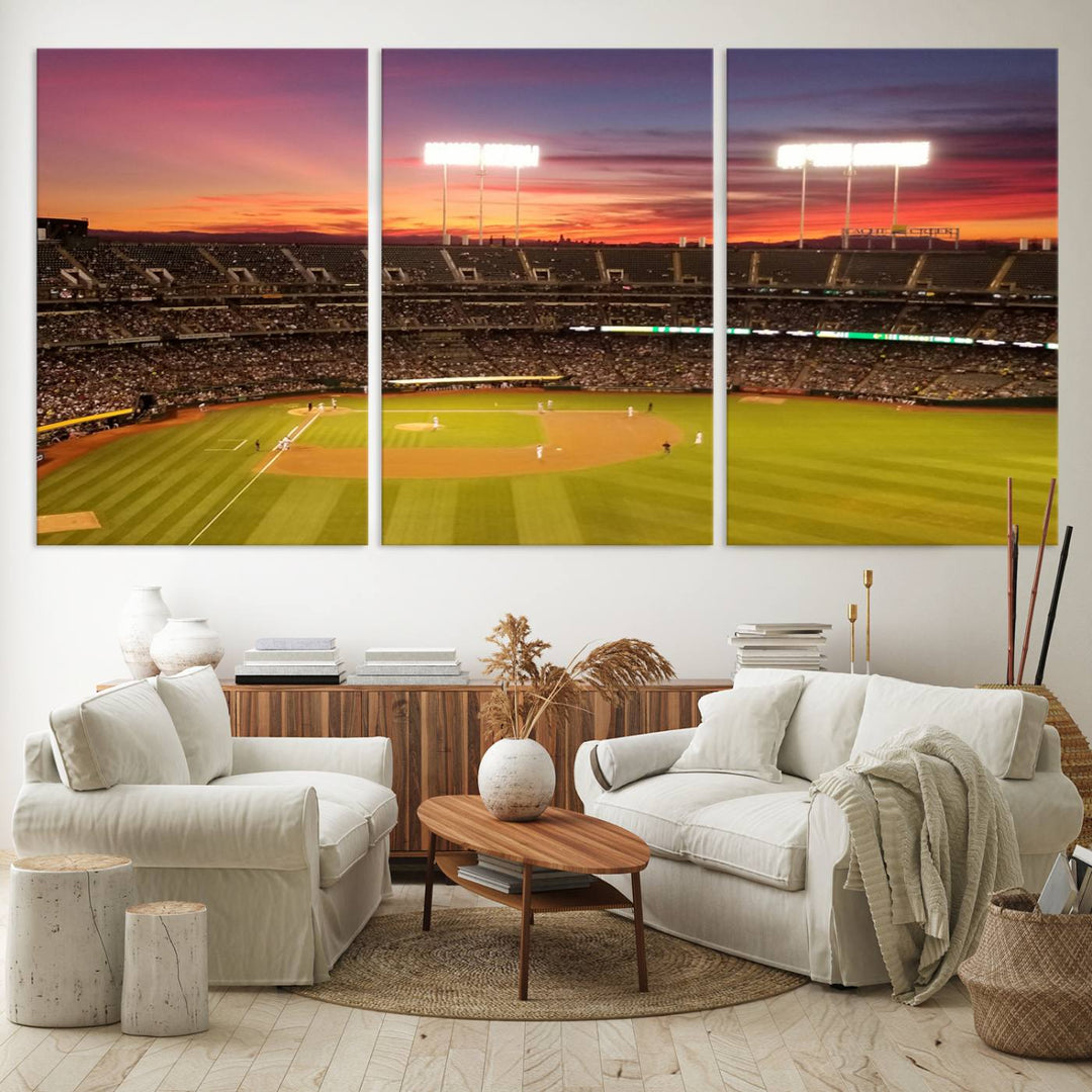 The Oakland Coliseum print is a museum-quality canvas depicting a full crowd and a sunset.