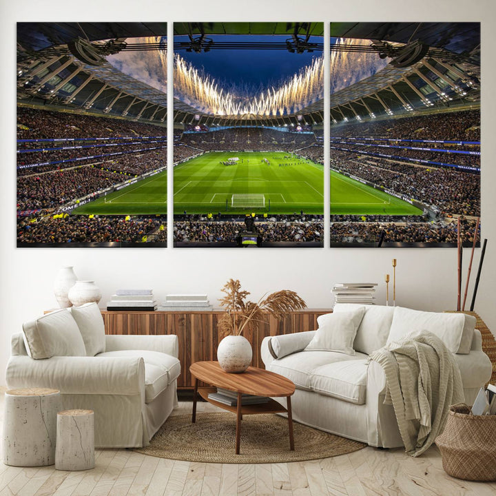 A stunning Tottenham Hotspur Stadium wall art captures the energy of a stadium packed with fans and vibrant lights.