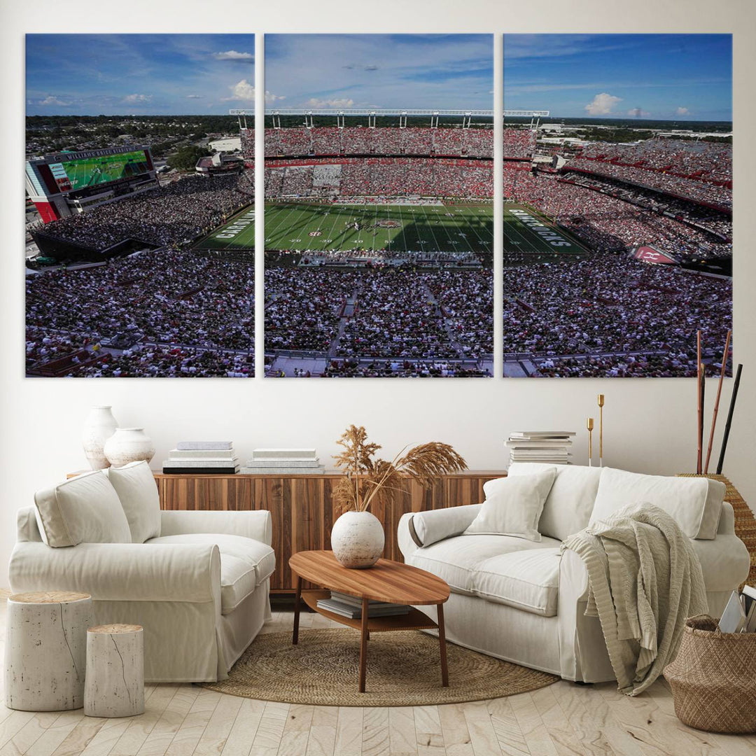 The wall art is a South Carolina Gamecocks print, showcasing Williams-Brice Stadium from a distance under clear skies.