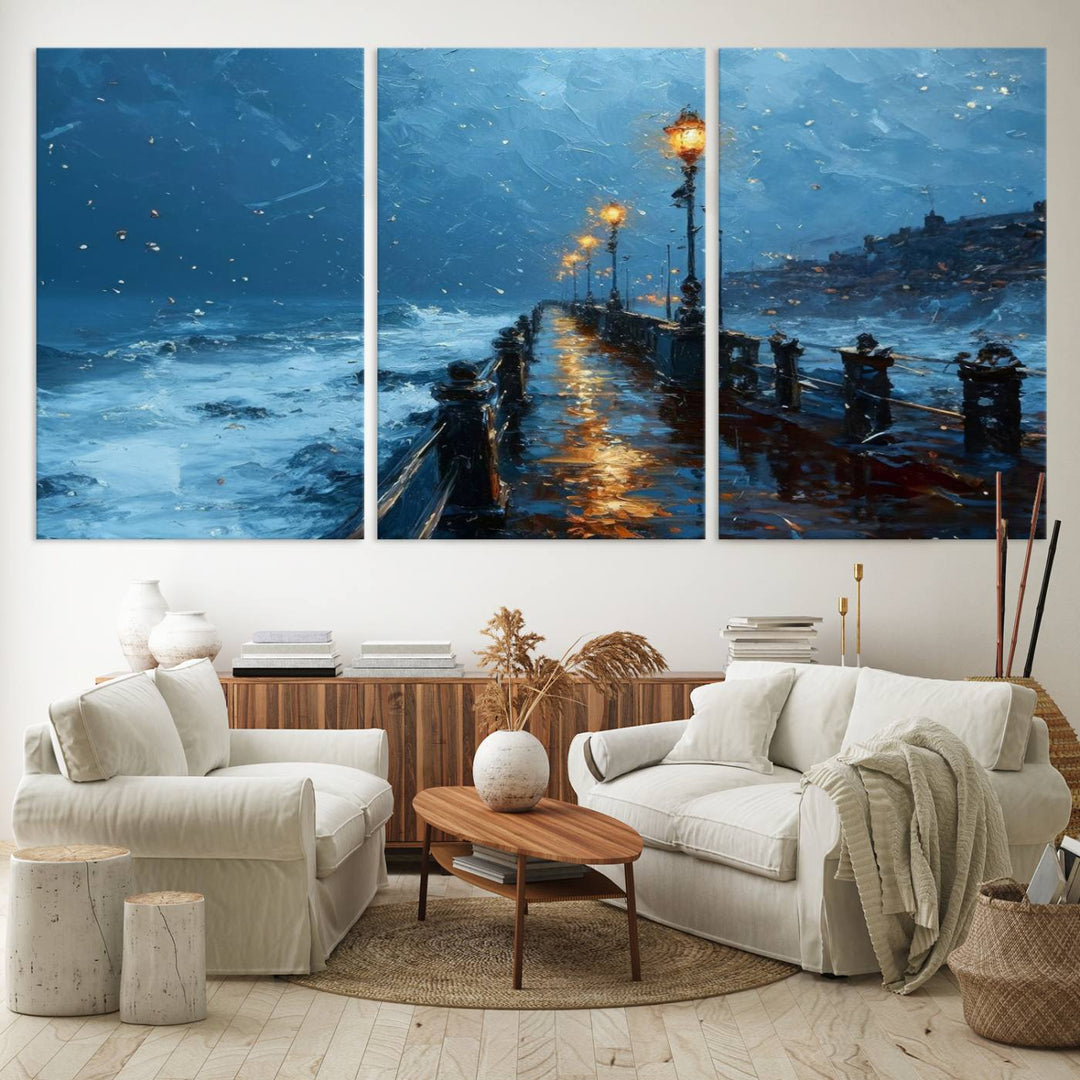 Framed 3-Panel Seaside Night Pier Oil Painting Canvas Wall Art | Ready to Hang Coastal Landscape Art for Modern Living Room, Office, or Bedroom Decor