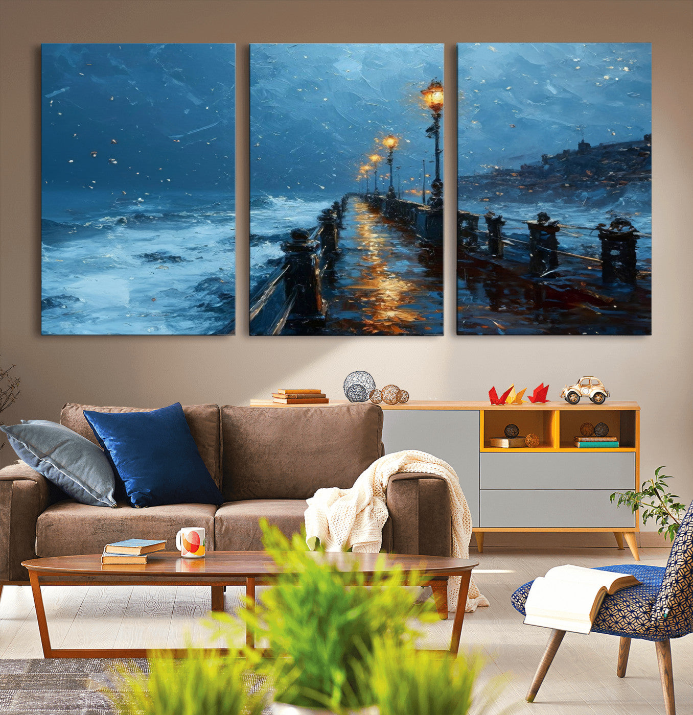 MGV-CV-60X30-3P - Stormy Night at Beach Pier Oil Painting Large Wall Art Print, Framed Canvas Nature Wall Decor,