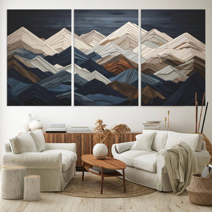 Wood Mountain Range Wall Art - Ready to Hang 3-Piece Set for Modern Rustic Decor, Abstract Wooden Design for Living Rooms Offices