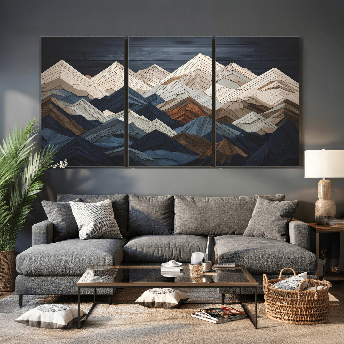 12896-MGV-CV-36X24 - Wood Mountain Range Wall Art - Ready to Hang 3-Piece Set for Modern Rustic Decor, Abstract Wooden