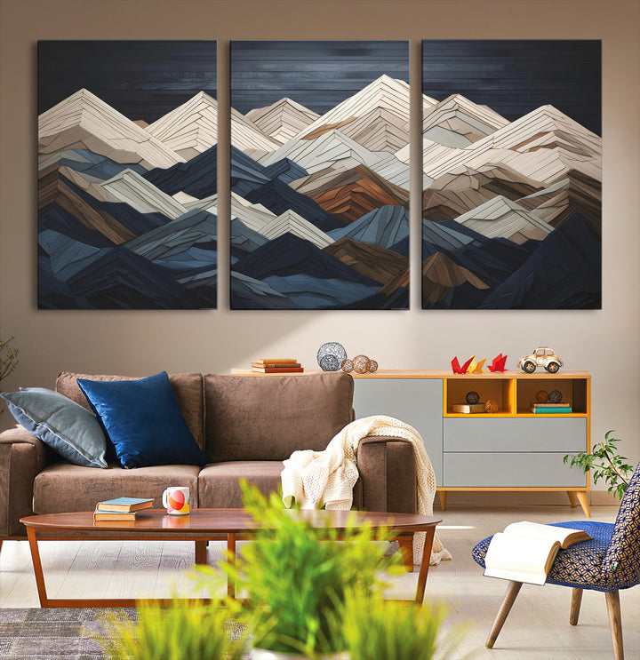 Rustic Mountain Landscape Wall Art Print - Wooden 3D Effect Mountain Canvas Print - Textured Peaks Wall Art for Cabin or Lodge Decor