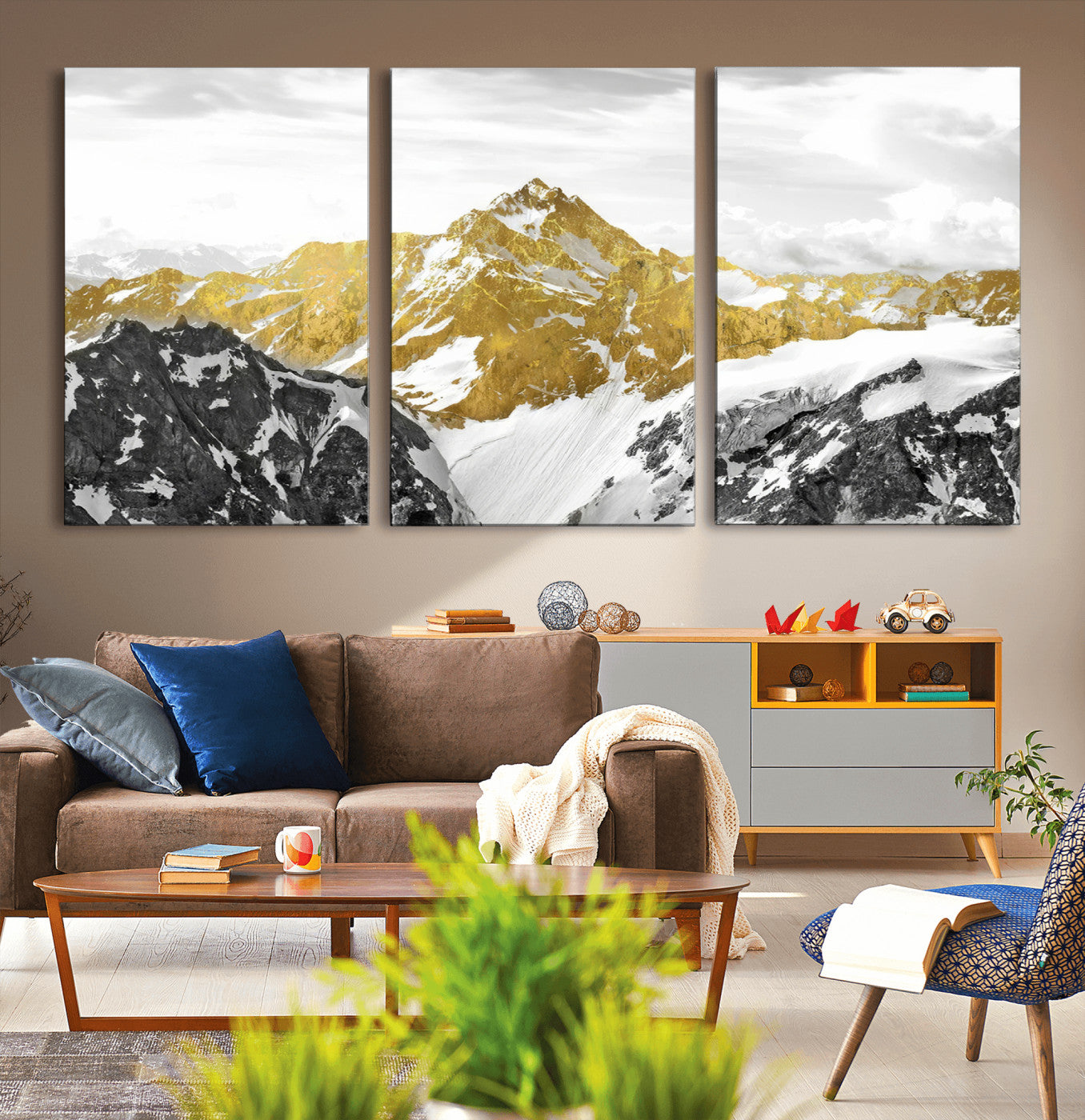 MGV-CV-60X30-3P - Gold Abstract Mountains Wall Art Print on Canvas, Nature Wall Art Print,