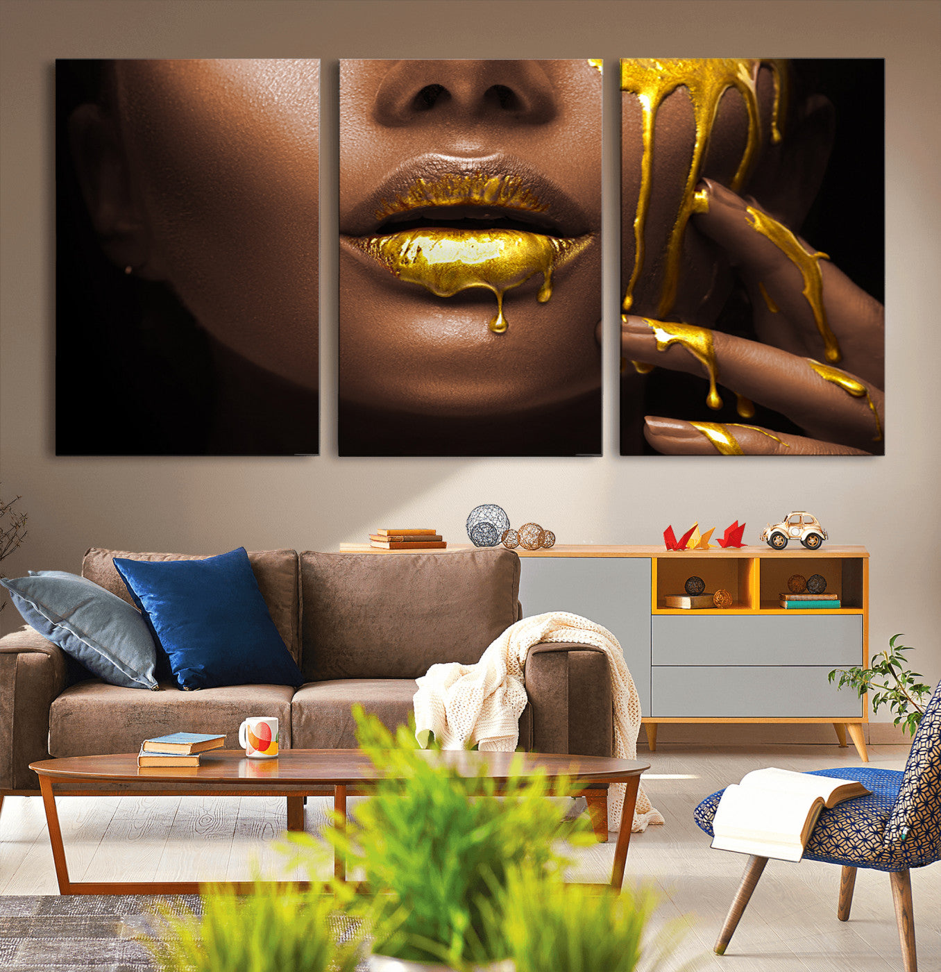 MGV-CV-60X30-3P - African American Art Black Woman Canvas Print, African Wall Art, Fashion African Woman Gold Lips