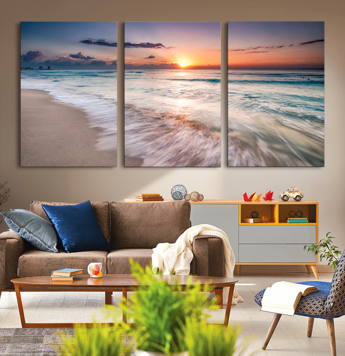 MGV-CV-60X30-3P - Sunset Beach Wall Art – Soothing Coastal Landscape, Ready to Hang for Tranquil Home Decor
