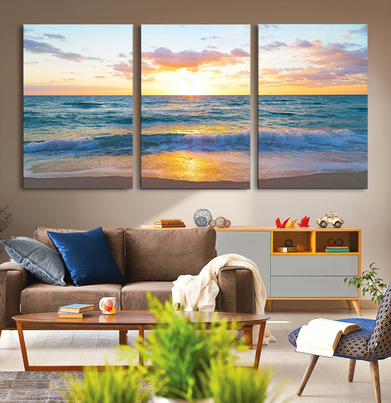 MGV-CV-60X30-3P - Golden Sunset Over Ocean Waves - Serene Coastal Triptych Wall Art for Relaxing Home Decor, Ready to