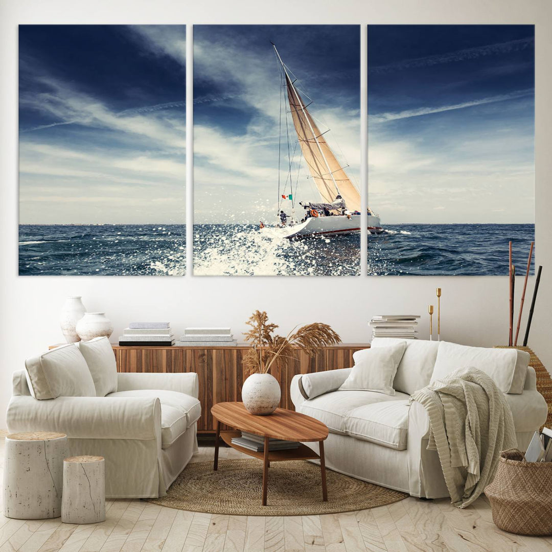 Sailboat Ocean Beach Blue Sky Wall Art Canvas Print