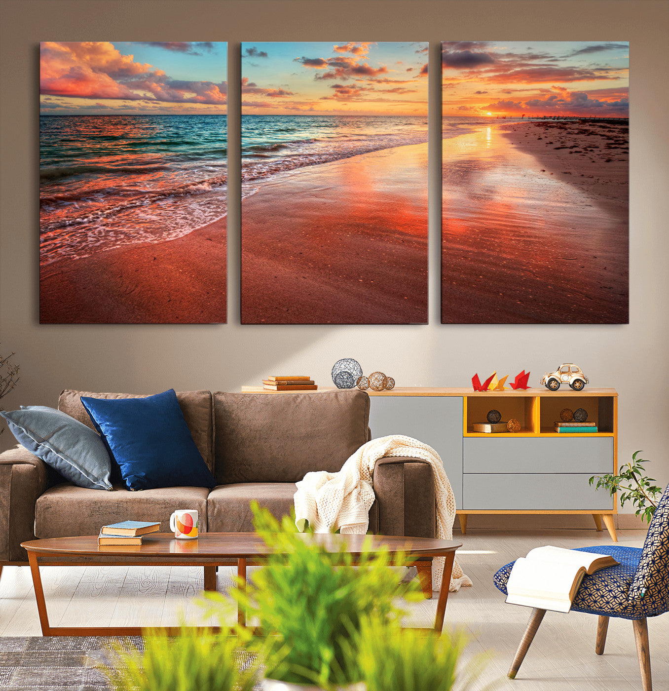 MGV-CV-60X30-3P - Sunset Beach Wall Art | Ocean Canvas Print | Coastal Wall Art | Tranquil Sunset Canvas Print