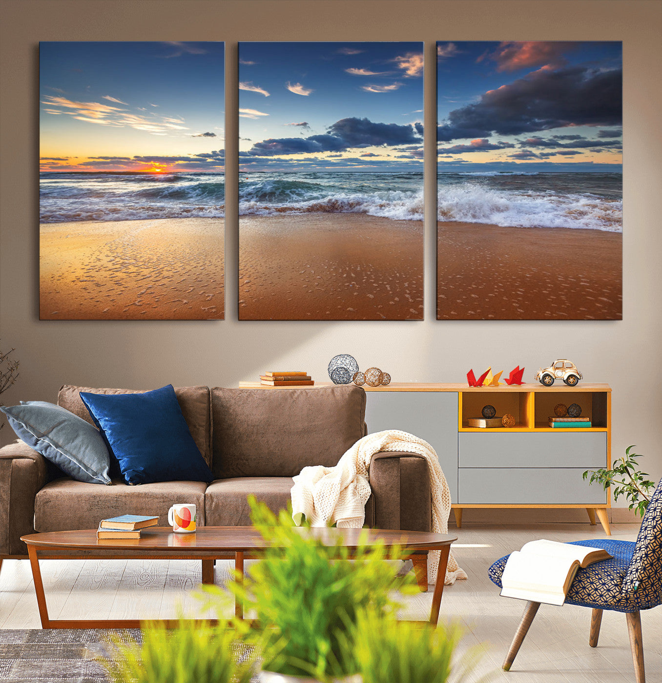 MGV-CV-60X30-3P - Beach Canvas Wall Art - Coastal Seascape Print for Living Room or Bedroom, Ocean Waves on Sand,
