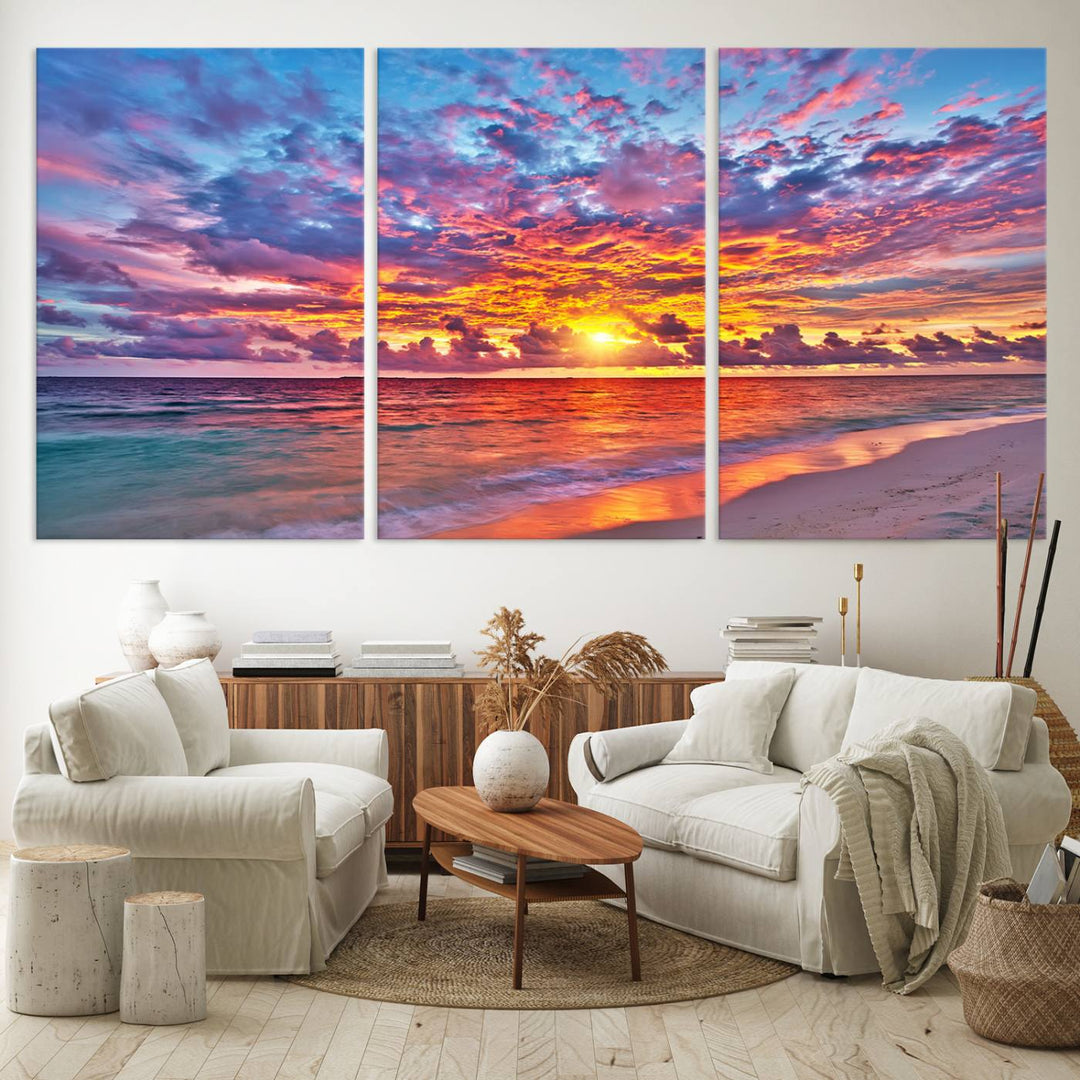 Vibrant Sunset Beach Wall Art | Ocean Sunset Canvas Print | Coastal Wall Art Decor | Ready to Hang | Stunning Sunset Scene for Home or Office Decor