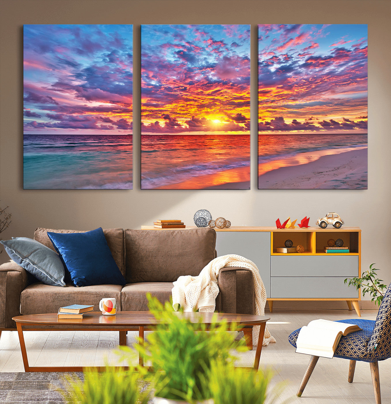 MGV-CV-60X30-3P - Vibrant Sunset Beach Wall Art - Ocean Sunset Canvas Print | Coastal Wall Art Decor Stunning Sunset