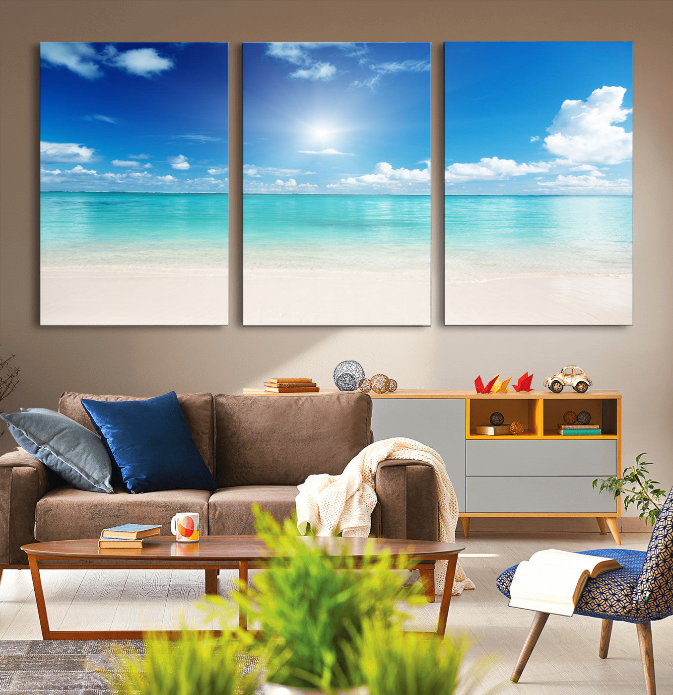 MGV-CV-60X30-3P - Blue Ocean Wall Art Canvas Print - Tranquil Ocean Paradise Triptych Wall Art - Ready to Hang Beach