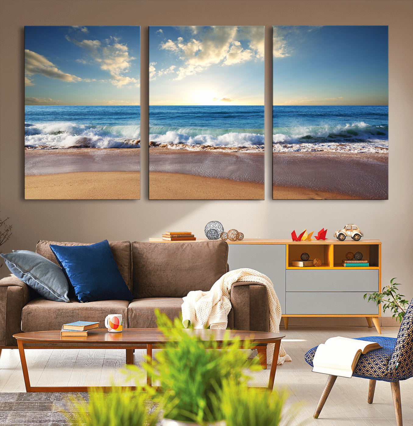 MGV-CV-60X30-3P - Serene Ocean Sunset Canvas Wall Art - Beach Waves at Sunset, Ready to Hang