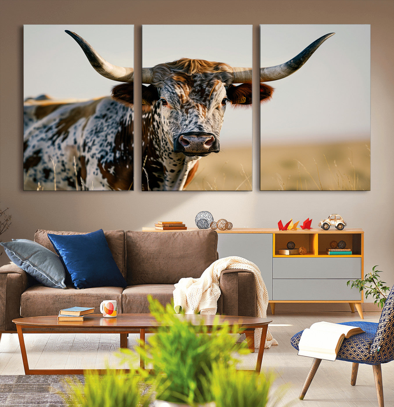 MGV-CV-60X30-3P - Texas Bull Longhorn Wall Art Canvas Print for Farm House Wall Decor, Farmhouse Wall Art Print