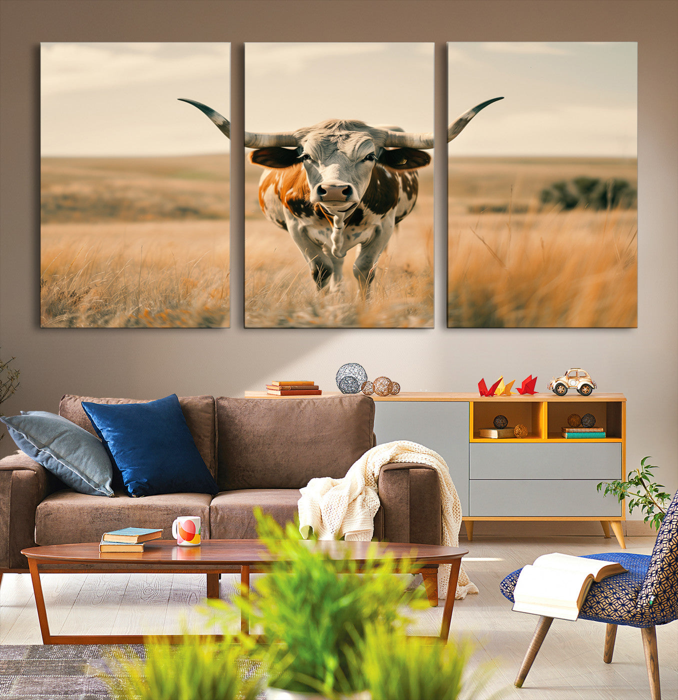 16580-MGV-CV-36X24-Texas Cow Longhorn Wall Art Canvas Print for Farm House Wall Decor, Farmhouse Cow Print Canvas Wall Art Print