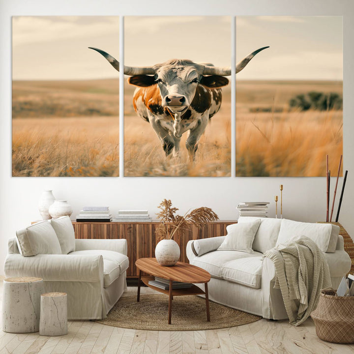 The Texas Cow Longhorn Wall Art Canvas adds rustic charm to the decor.