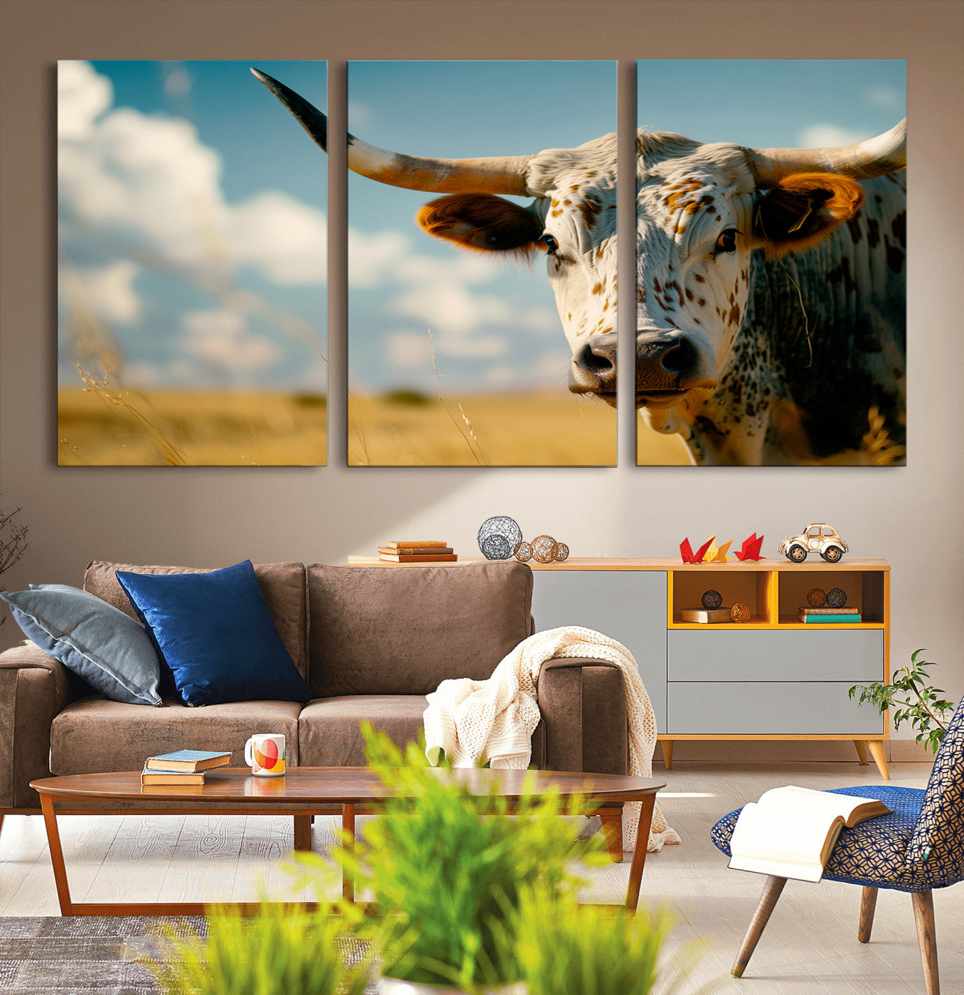 MGV-CV-60X30-3P - Longhorn in the Prairie - Stunning Ranch-Style Triptych Wall Art for Western Home Decor, Cowboy Wall