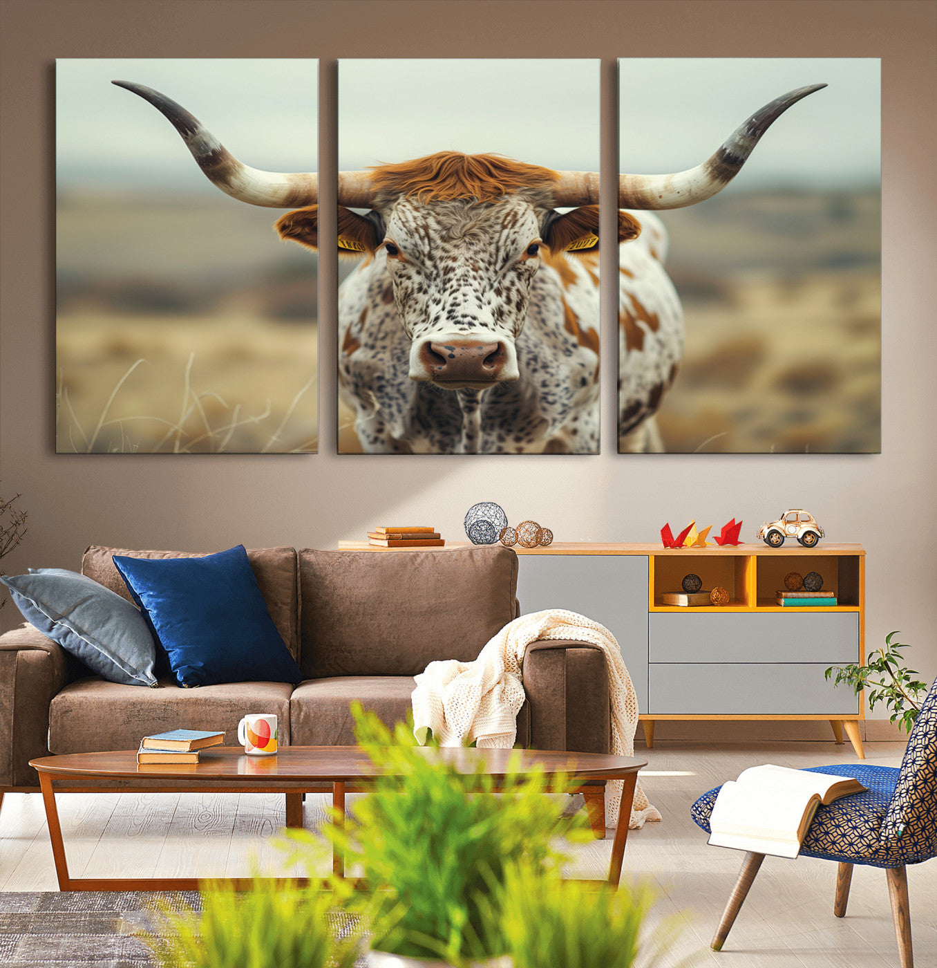 MGV-CV-60X30-3P - Texas Cow Longhorn Wall Art Canvas Print for Farm House Wall Decor, Farmhouse Wall Art Print