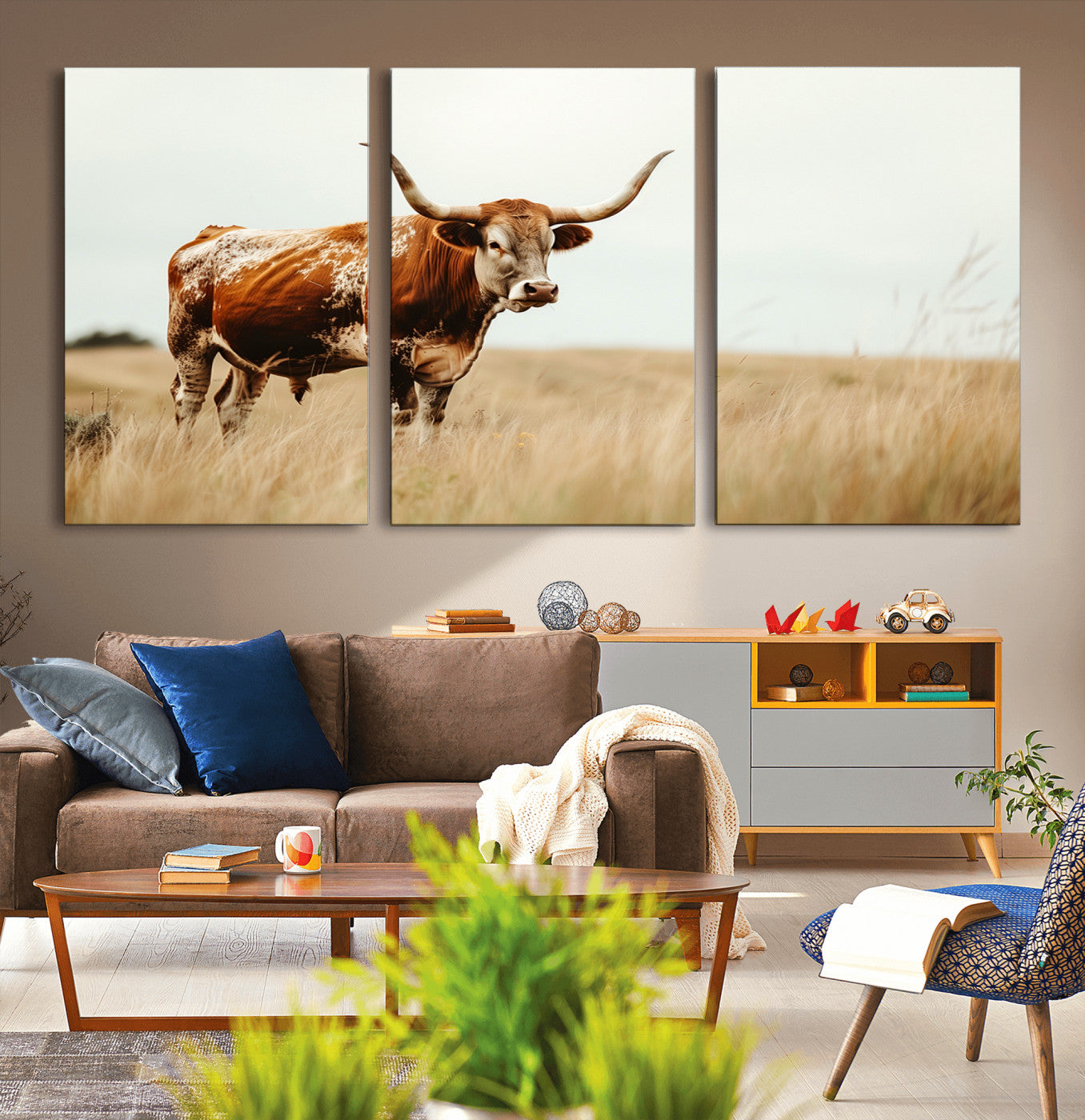 MGV-CV-60X30-3P - Texas Longhorn Canvas Wall Art Print – Majestic Western Cattle in Rustic Farmhouse Decor – Cow Wall