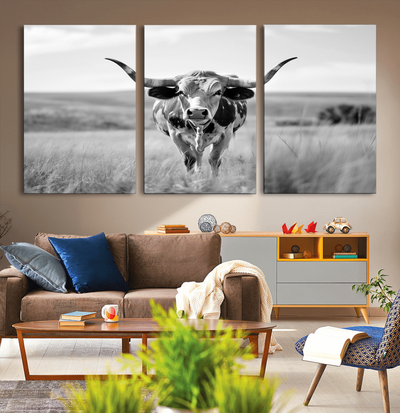 MGV-CV-60X30-3P - Texas Cow Longhorn Wall Art Canvas Print for Farm House Wall Decor, Farmhouse Wall Art Print