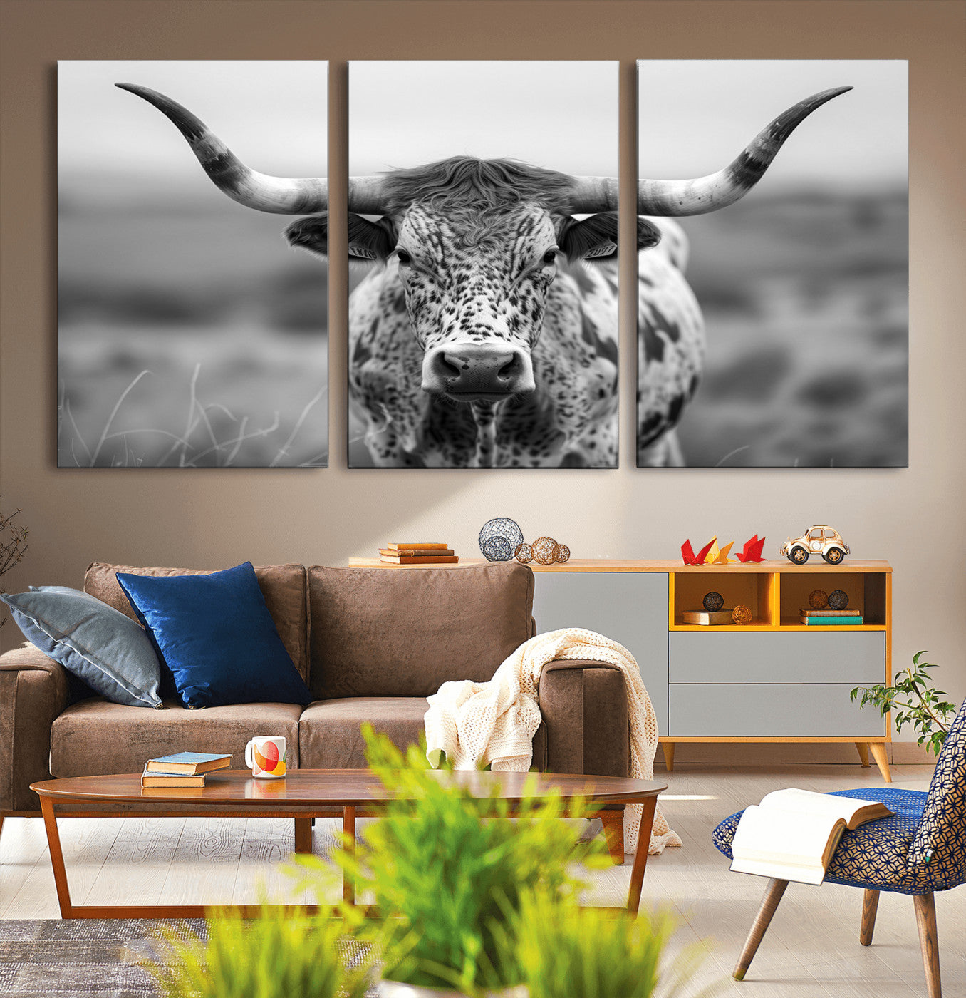 MGV-CV-60X30-3P - Texas Cow Longhorn Wall Art Canvas Print for Farm House Wall Decor, Farmhouse Wall Art Print