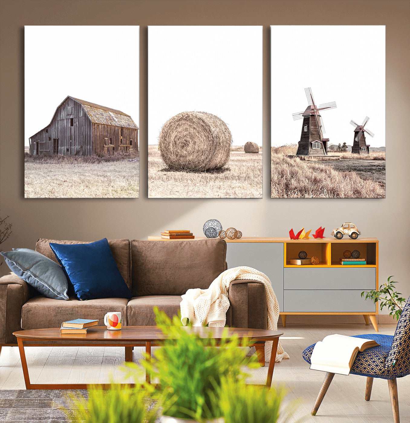 MGV-CV-60X30-3P - Farm Prints Set, Set of 3 Farmhouse Wall Art, Country House Decor, Barn Print, Wheat Print,