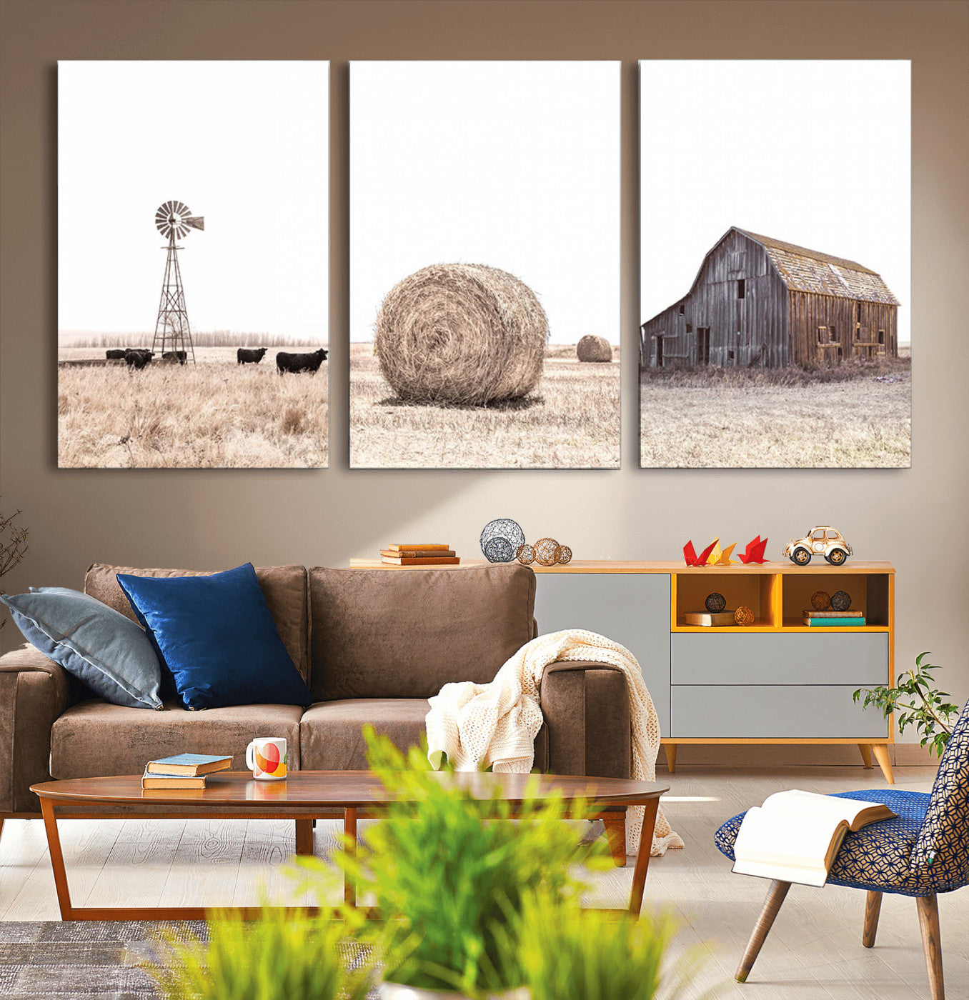 MGV-CV-60X30-3P - Rustic Farmhouse Wall Art Set of 3 – Country Barn and Wheat Field | Farm Prints for Country Home and