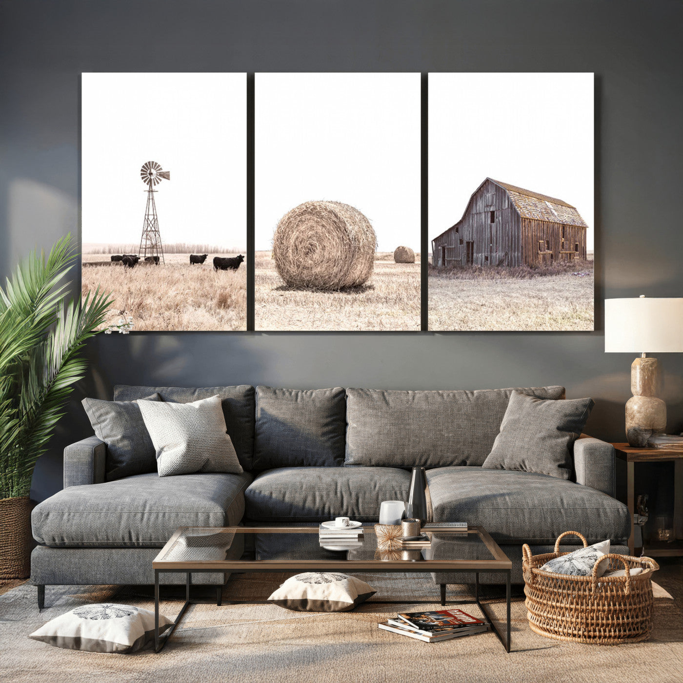 30918-MGV-CV-60X30-3P - Rustic Farmhouse Wall Art Set of 3 – Country Barn and Wheat Field | Farm Prints for Country Home and