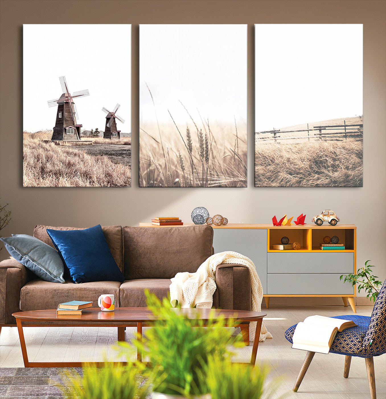 56649-MGV-CV-60X30-3P-Farm Prints Set, Farmhouse Wall Art Canvas, Country House Decor, Country House Decor, Barn Print, Wheat Print