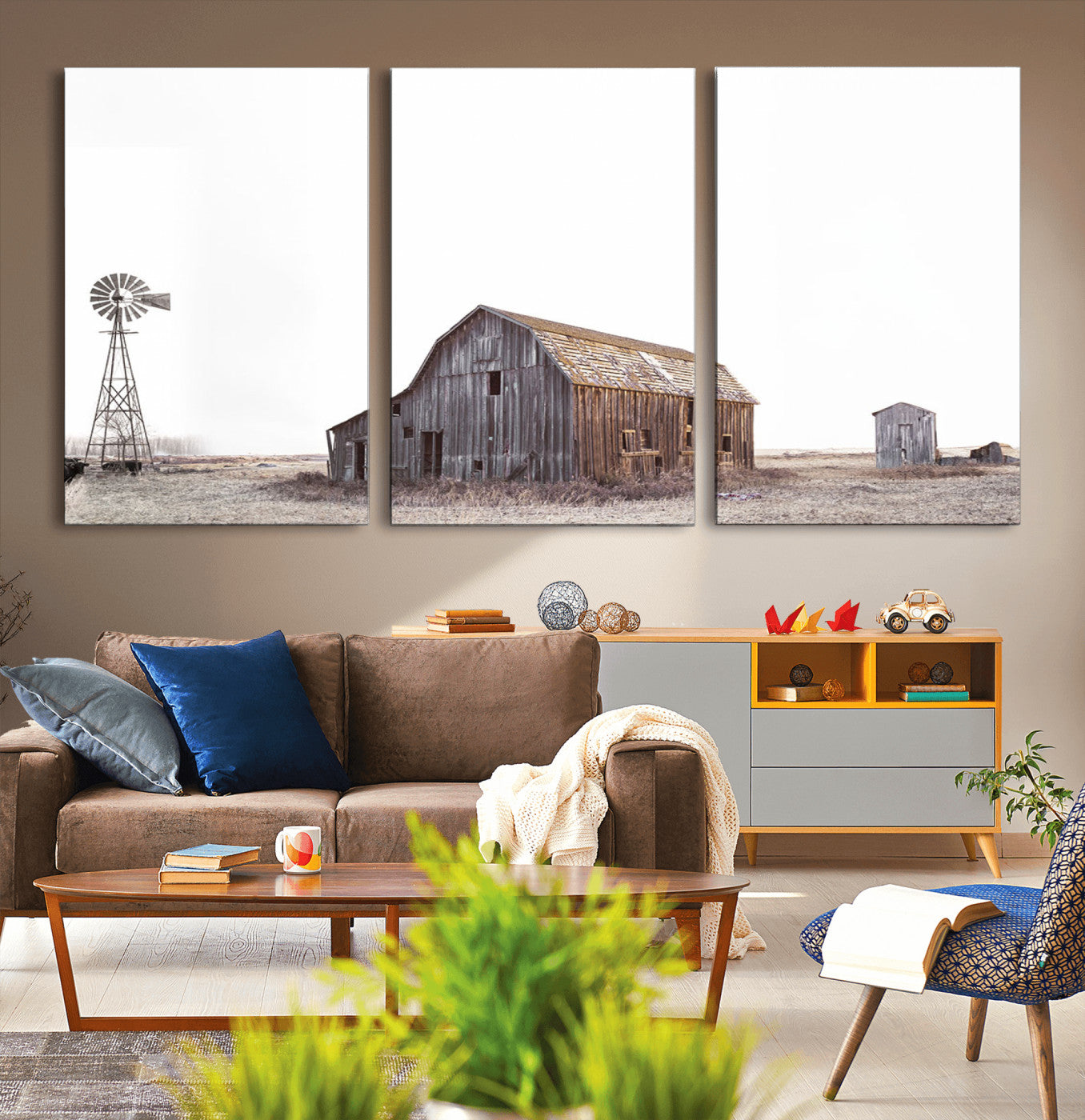 64560-MGV-CV-36X24-Set of 3 Rustic Farmhouse Wall Art Prints – Country Barn, Wheat Field, and Farm Landscape for Cozy
