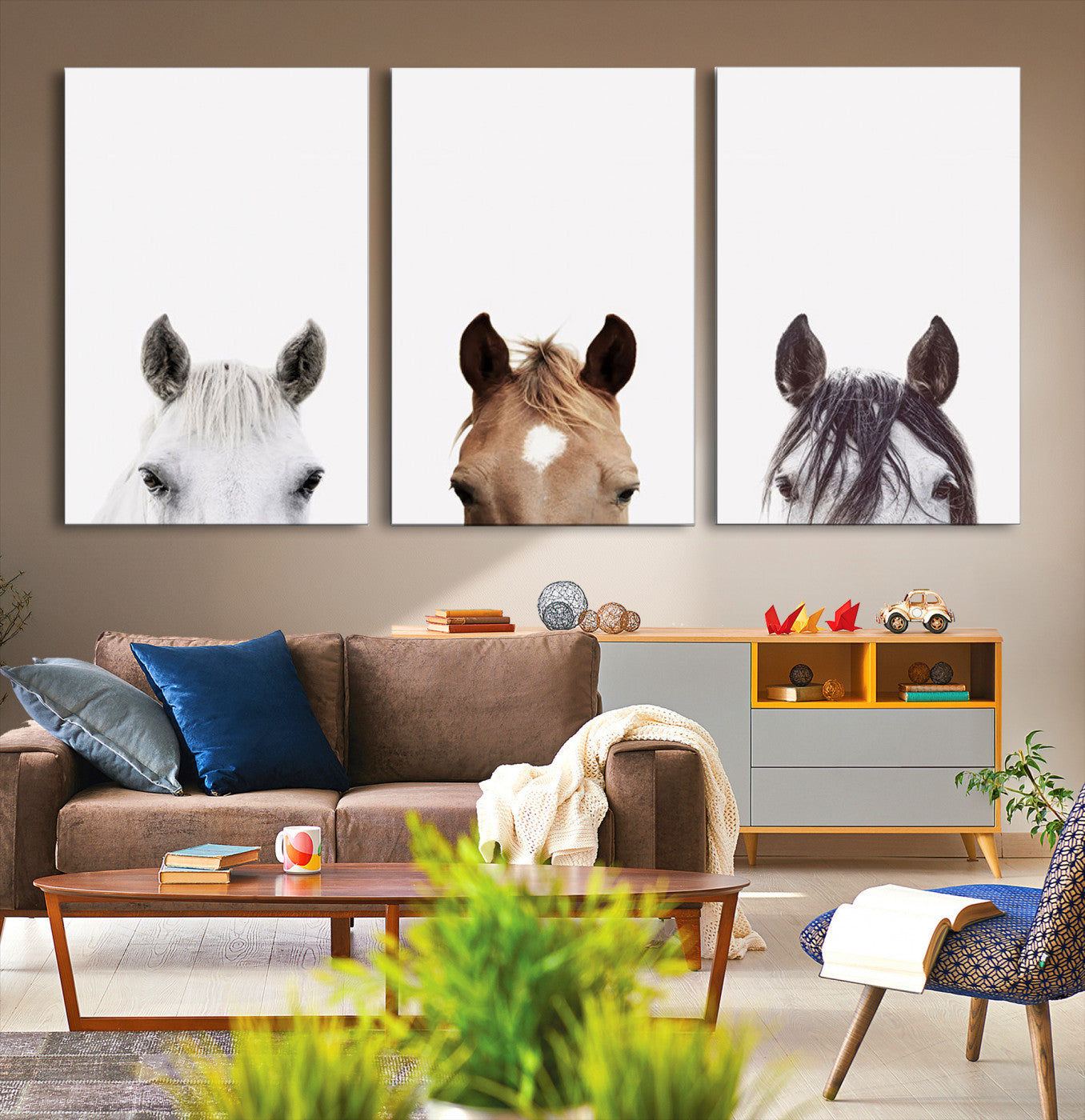 59160-MGV-CV-60X30-3P-Horse Prints Set, Set of 3 Horse Wall Art, Horses Portraits, Farmhouse Wall Art, Farm Animals Canvas, Animals Portraits Set, Horse Poster