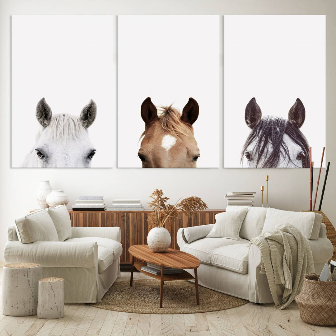 Horse Prints Set, Set of 3 Horse Wall Art, Horses Portraits, Farmhouse Wall Art, Farm Animals Canvas, Animals Portraits Set, Horse Poster